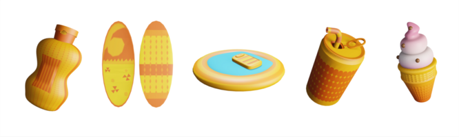 3D icon summer collection rendered isolated on the transparent background. sunscreen, surfing board, inflatable pool, canned drink, and ice cream object for your design. png