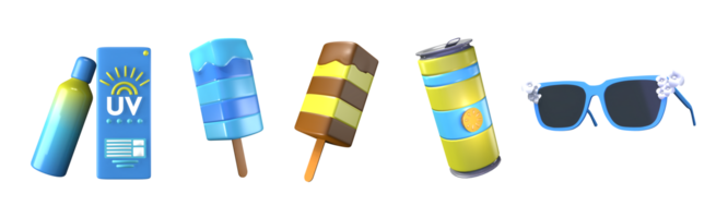 3d Symbol Sommer- Sammlung gerendert isoliert auf das transparent Hintergrund. Sonnencreme, Blau Eis Creme, Schokolade Eis Creme, Dosen- trinken, und Sonnenbrille Objekt zum Ihre Design. png