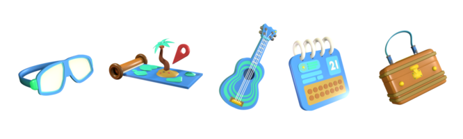 3D icon summer collection rendered isolated on the transparent background. diving glasses, destination, ukulele, calender, and travel bag object for your design. png