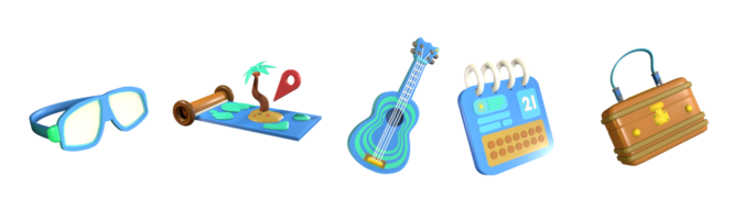 3d ícone verão coleção rendido isolado em a transparente fundo. mergulho copos, destino, cavaquinho, calendário, e viagem saco objeto para seu Projeto. png