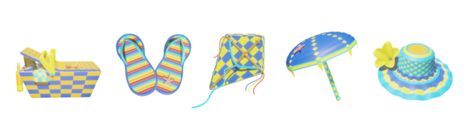 3D icon summer collection rendered isolated on the transparent background. Picnic basket, slipper, kite, umbrella, and beach hat object for your design. png