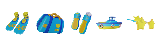 3D icon summer collection rendered isolated on the transparent background. Diving fin, travel baggage, slipper, boat, and sunglasses object for your design. png