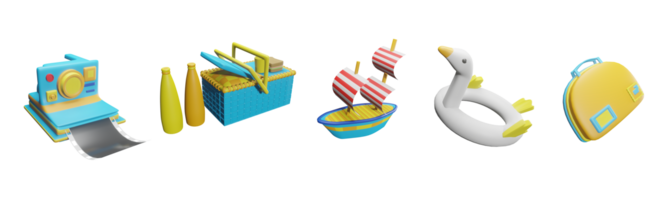 3d icône été collection rendu isolé sur le transparent Contexte. caméra, pique-nique panier, bateau, animal bouée de sauvetage, et Voyage bagages objet pour votre conception. png