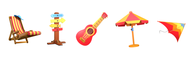 3d icoon zomer verzameling weergegeven geïsoleerd Aan de transparant achtergrond. strand stoel, wegwijzer, ukelele, strand paraplu, en vlieger voorwerp voor uw ontwerp. png