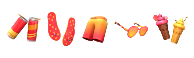 3d Symbol Sommer- Sammlung gerendert isoliert auf das transparent Hintergrund. Dosen- trinken, Slipper, Strand Hose, Sonnenbrille, und Eis Sahne Objekt zum Ihre Design. png