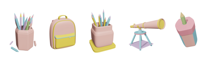 3D icon back to school collection rendered isolated on the transparent background. colored pencil, bag, pencils, telescope, and writing pencil object for your design. png