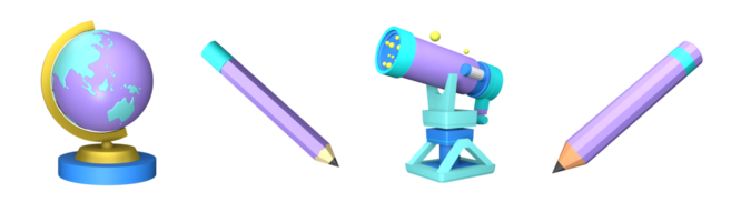 3D icon back to school collection rendered isolated on the transparent background. globe, writing pencil, telescope, and pencil object for your design. png