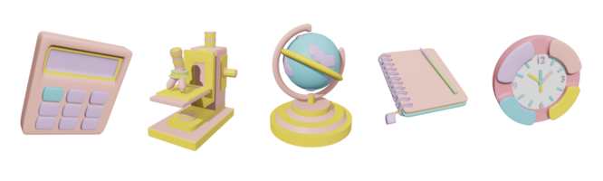 3D icon back to school collection rendered isolated on the transparent background. calculator, microscope, globe, book, and school clock object for your design. png