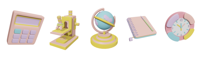 3d Symbol zurück zu Schule Sammlung gerendert isoliert auf das transparent Hintergrund. Taschenrechner, Mikroskop, Globus, Buch, und Schule Uhr Objekt zum Ihre Design. png