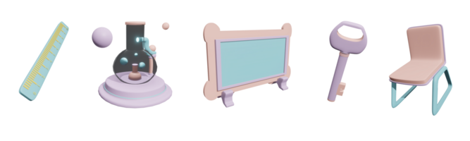 3d icône retour à école collection rendu isolé sur le transparent Contexte. règle, laboratoire, tableau noir, clé, et école chaise objet pour votre conception. png