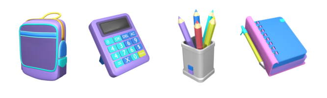 3D icon back to school collection rendered isolated on the transparent background. Calculator, bag, colored pencils, and book object for your design. png