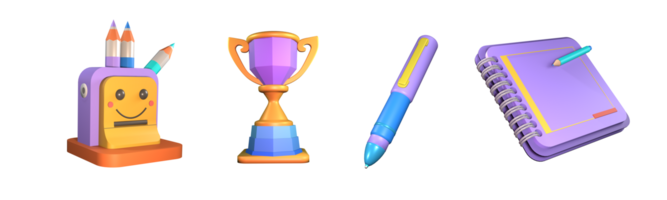 3D icon back to school collection rendered isolated on the transparent background. sharpener, trophy, highlighter, and notebook object for your design. png