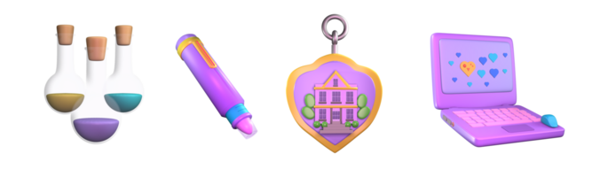 3D icon back to school collection rendered isolated on the transparent background. flask, highlighter, key badge, and laptop object for your design. png