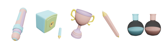 3D icon back to school collection rendered isolated on the transparent background. highlighter, pencil with sharpener, trophy, pencil and flask object for your design. png