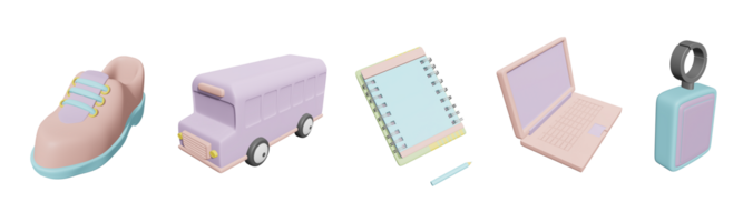 3d Symbol zurück zu Schule Sammlung gerendert isoliert auf das transparent Hintergrund. Schule Schuhe, Schule Bus, Notizbuch, Laptop, und Schlüssel Abzeichen Objekt zum Ihre Design. png