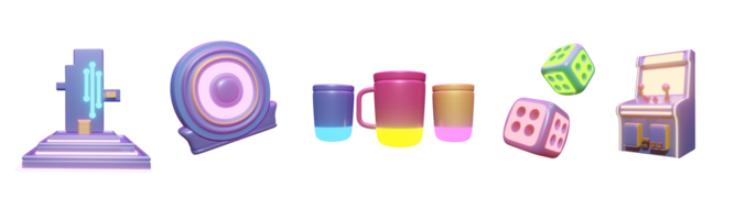 3D icon video games collection rendered isolated on the transparent background. Level up, speaker, game cups, game cube, and arcade machine object for your design. png