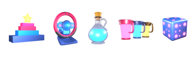 3D icon video games collection rendered isolated on the transparent background. level up, racing wheel, energy potion, game cups, and game cube object for your design. png