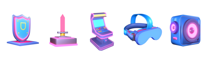 3D icon video games collection rendered isolated on the transparent background. shield, sword, arcade machine, virtual reality headset, and speaker object for your design. png