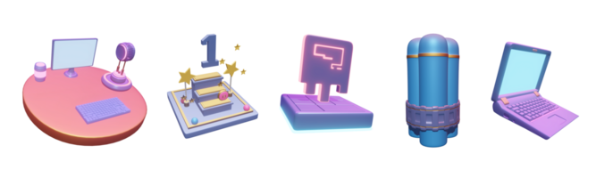 3D icon video games collection rendered isolated on the transparent background. Game streaming, leader-board, game over, dynamite, and gaming laptop object for your design. png