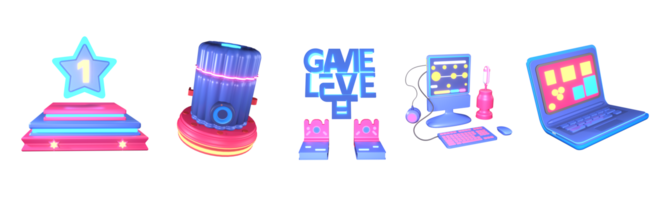 3D icon video games collection rendered isolated on the transparent background. High score, dynamite, game over, game streaming, and gaming laptop object for your design. png