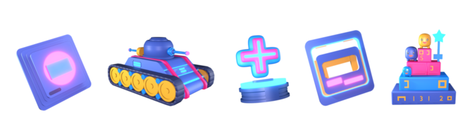 3D icon video games collection rendered isolated on the transparent background. load icon, wood tank, power-up icon, save icon, and leader-board object for your design. png