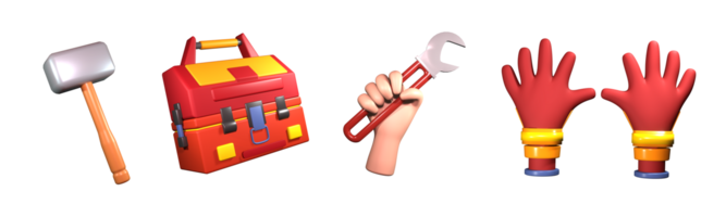 3D icon labor day collection rendered isolated on the transparent background. hammer, toolbox, han holding wrench, and worker's glove object for your design. png