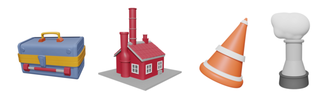 3D icon labor day collection rendered isolated on the transparent background. toolbox, factory building, construction cone, and factory chimney object for your design. png