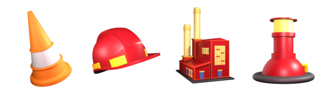 3D icon labor day collection rendered isolated on the transparent background. construction cone, construction hat, factory building, and factory chimney object for your design. png
