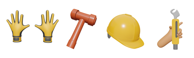 3D icon labor day collection rendered isolated on the transparent background. worker's glove, hammer, construction hat, and hand holding wrench object for your design. png