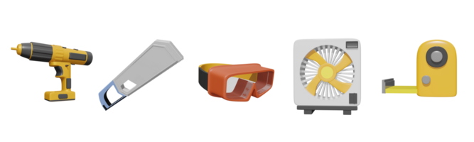 3D icon labor day collection rendered isolated on the transparent background. drill tools, hand saw, safety goggles, industrial ventilation fan, and tape measure object for your design. png