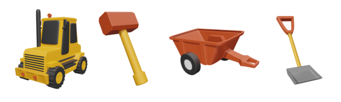 3D icon labor day collection rendered isolated on the transparent background. construction bulldozer, sledgehammer, wheel barrow, and soil shovel object for your design. png