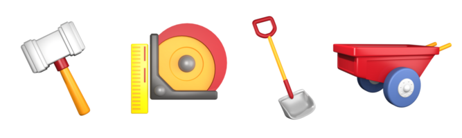 3D icon labor day collection rendered isolated on the transparent background. sledgehammer, tape measure, soil shovel, and wheel barrow object for your design. png