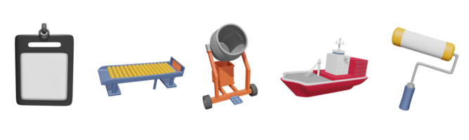 3D icon labor day collection rendered isolated on the transparent background. id card, factory conveyor belt, concrete mixer, cargo ship, and roller brush object for your design. png