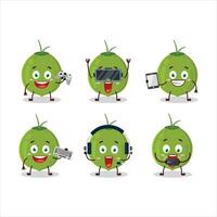 Green coconut cartoon character are playing games with various cute emoticons vector