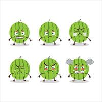 Green watermelon cartoon character with various angry expressions vector