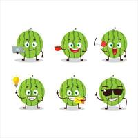 Green watermelon cartoon character with various types of business emoticons vector