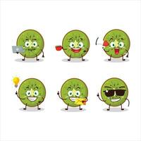 Slice of kiwi cartoon character with various types of business emoticons vector