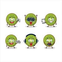 Slice of kiwi cartoon character are playing games with various cute emoticons vector