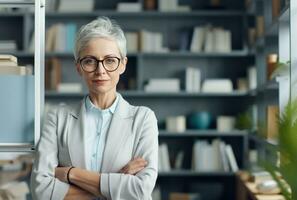 Attractive elderly woman standing in office at home photo