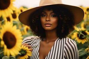 Beautiful woman in a straw hat standing in a sunflower field photo