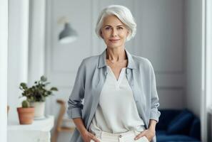 Attractive elderly woman standing in office at home photo