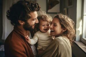 Happy family having fun at home together photo