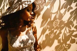 Woman posing in a sunbeam shadow, in the style of exotic flora and fauna photo