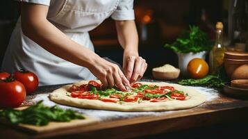 mujer es Cocinando italiano Pizza foto