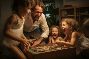 Happy family having fun at home together photo