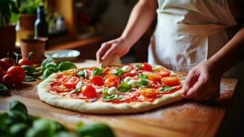 Woman is cooking italian pizza photo