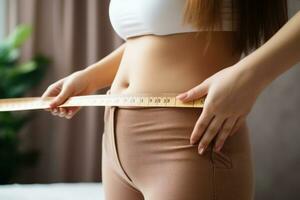 Woman measuring her own waist photo