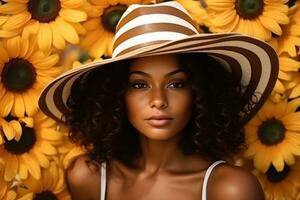 Beautiful woman in a straw hat standing in a sunflower field photo