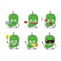 Green mango cartoon character with various types of business emoticons vector