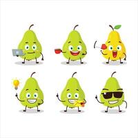 Green pear cartoon character with various types of business emoticons vector